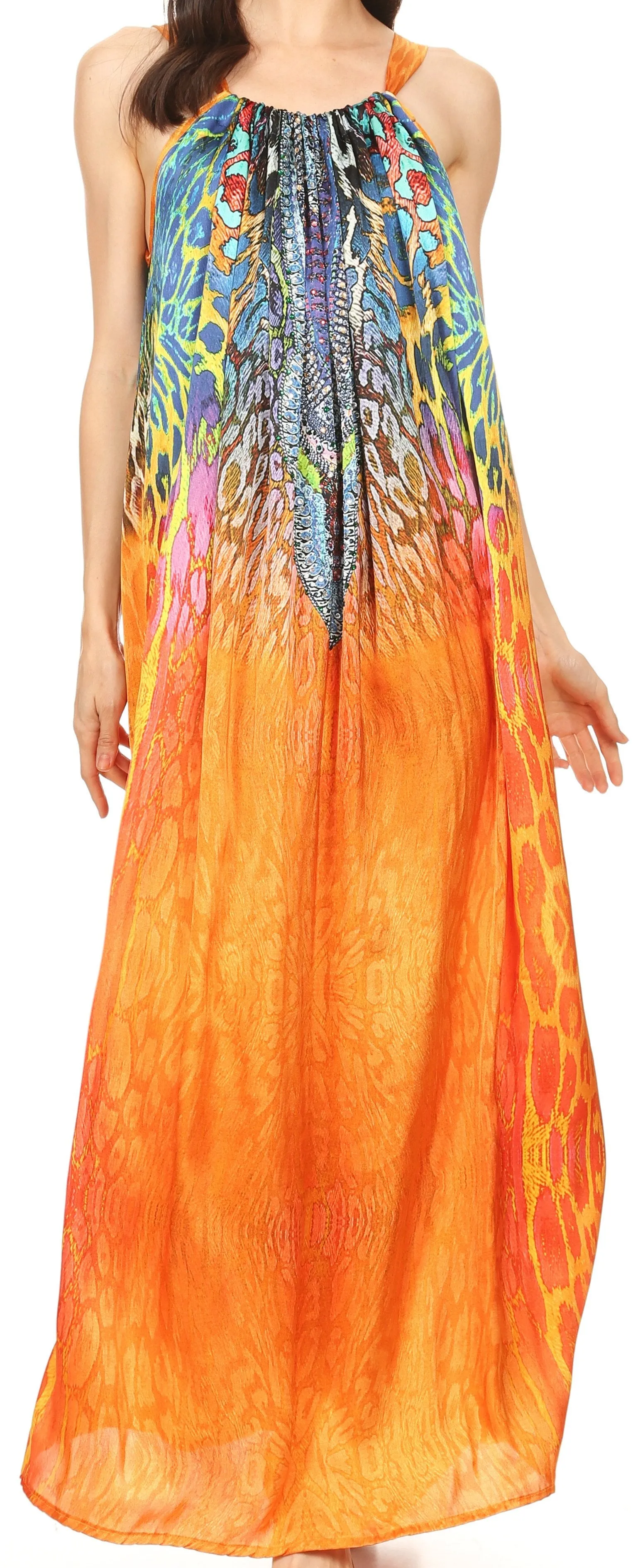 Sakkas Calypso Long Adjustable Column Dress with Animal Print and Rhinestones