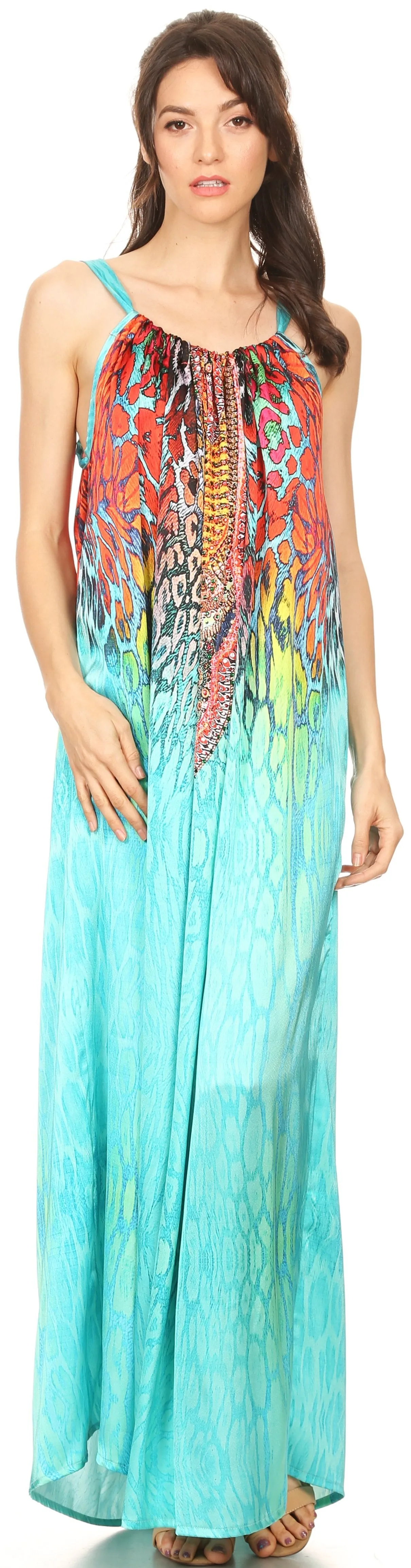 Sakkas Calypso Long Adjustable Column Dress with Animal Print and Rhinestones