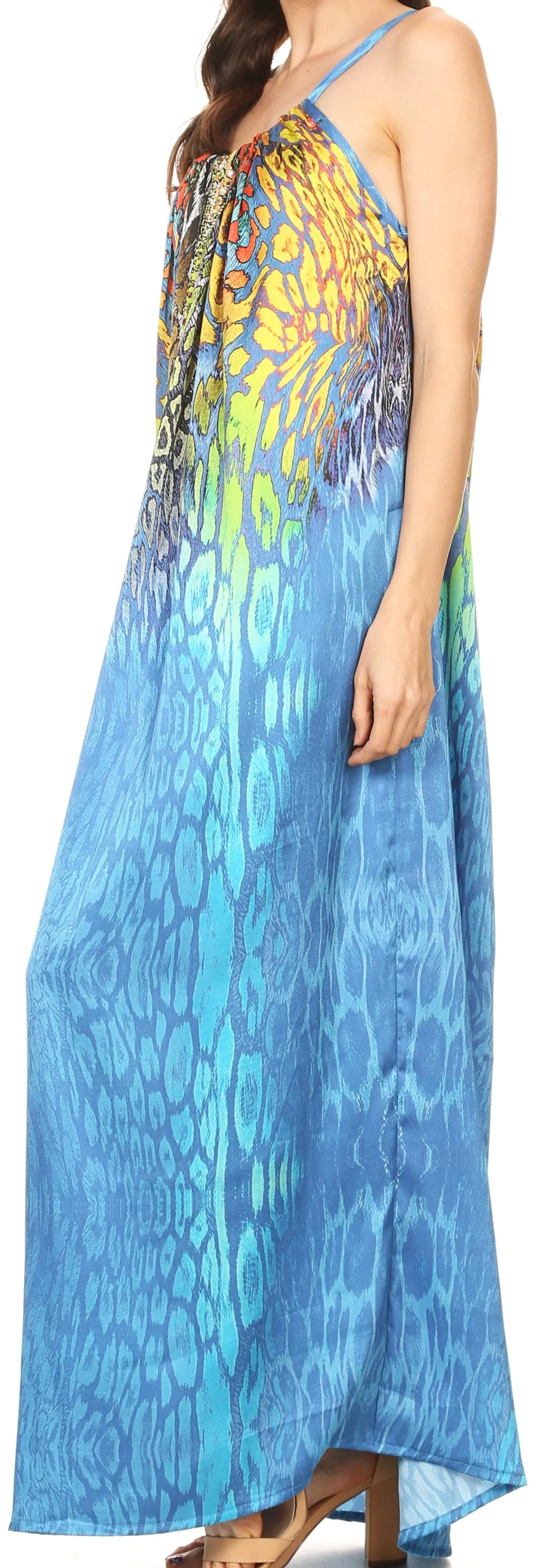 Sakkas Calypso Long Adjustable Column Dress with Animal Print and Rhinestones