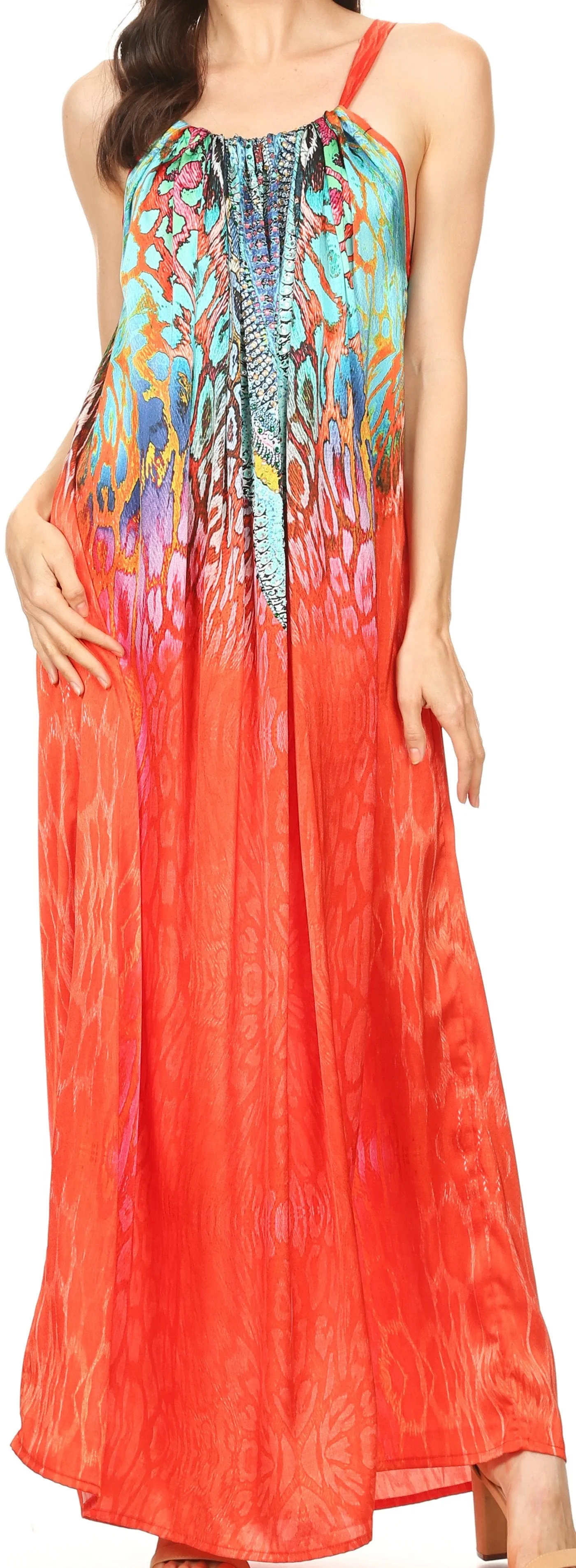Sakkas Calypso Long Adjustable Column Dress with Animal Print and Rhinestones