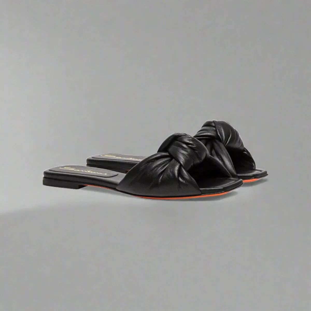 Santoni WOMEN’S BLACK LEATHER SLIDE SANDAL WITH KNOT