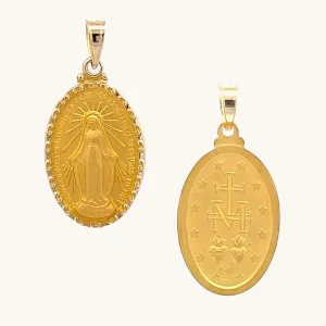 SOLID 14K GOLD MIRACULOUS VIRGIN MARY RAISED TWO-SIDED MEDAL | OVAL