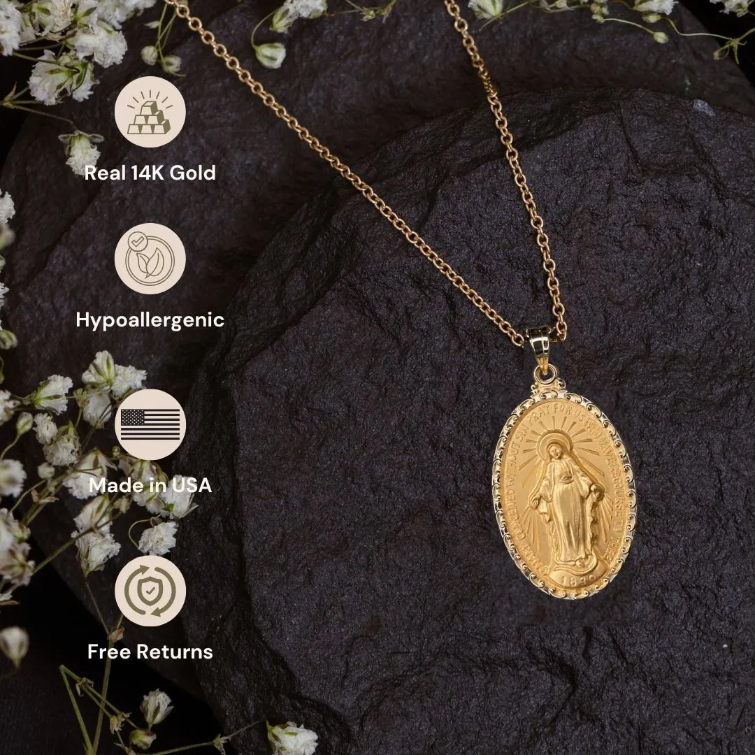 SOLID 14K GOLD MIRACULOUS VIRGIN MARY RAISED TWO-SIDED MEDAL | OVAL