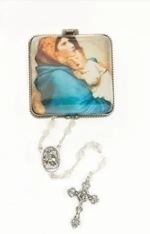 Square Porcelain Madonna and Child Rosary Box  2 1/3"