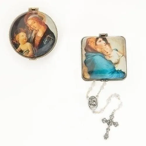 Square Porcelain Madonna and Child Rosary Box  2 1/3"