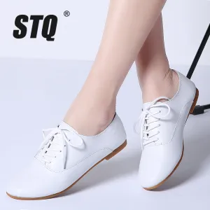 STQ 2020 Spring Women Oxford Shoes Ballerina Flats Shoes Women Genuine Leather Shoes Moccasins Lace Up Loafers White Shoes 051