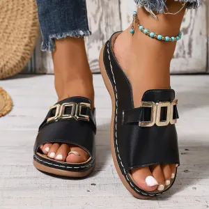 Stylish Black Platform Sandals - Gold Buckle, Slip-On, Open-Toe, PU Sole