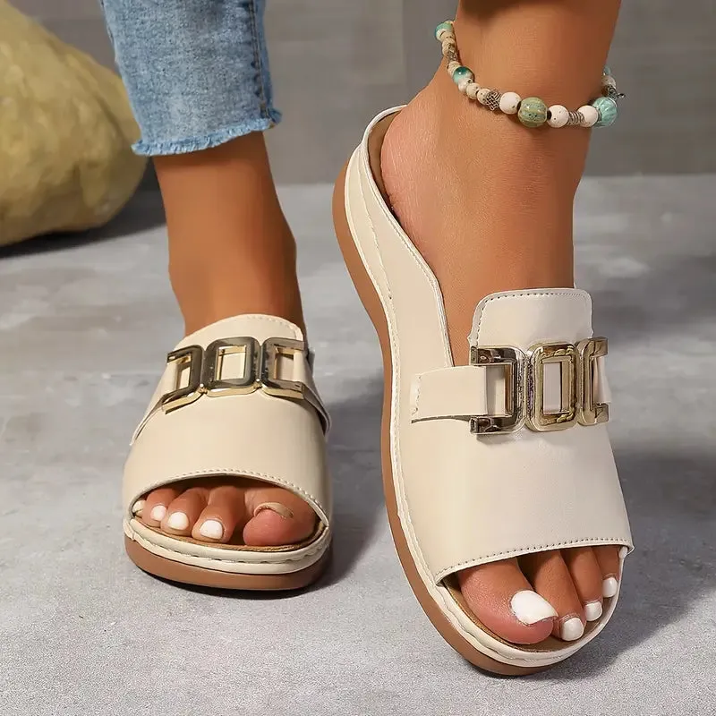 Stylish Black Platform Sandals - Gold Buckle, Slip-On, Open-Toe, PU Sole