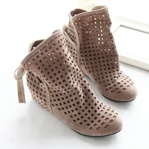 Summer Boots Women Flock Flat shoes Low Hidden Wedges Solid Cut-outs Ankle Boot Ladies Casual Shoes