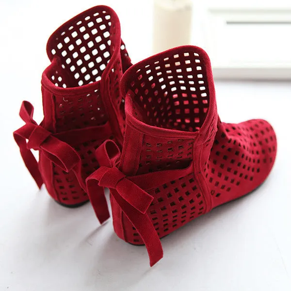 Summer Boots Women Flock Flat shoes Low Hidden Wedges Solid Cut-outs Ankle Boot Ladies Casual Shoes