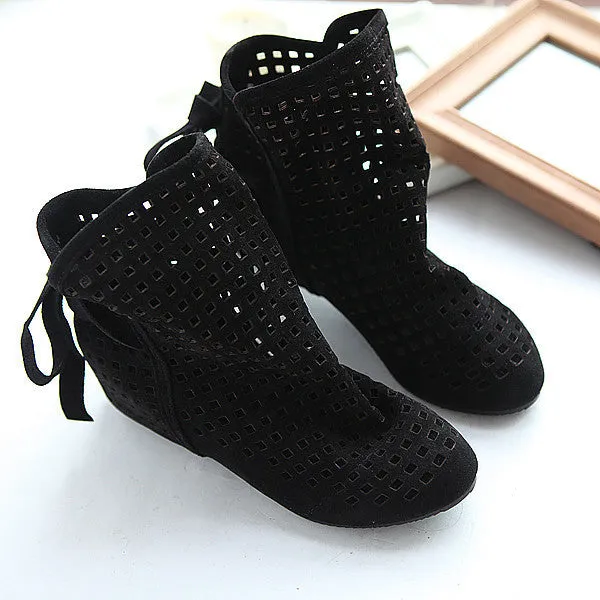 Summer Boots Women Flock Flat shoes Low Hidden Wedges Solid Cut-outs Ankle Boot Ladies Casual Shoes