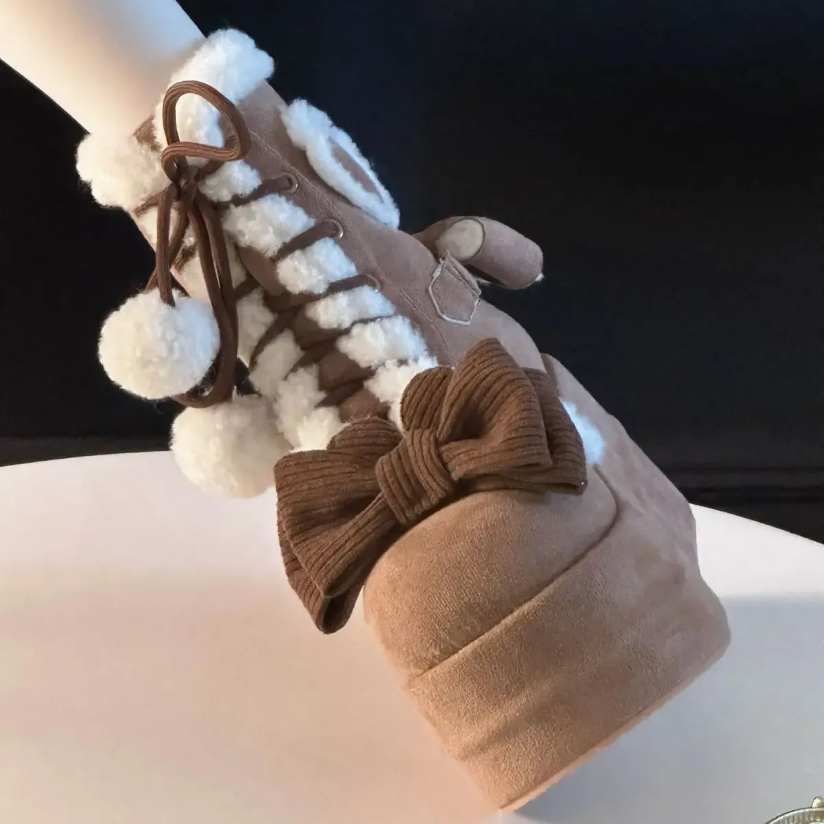 Sweet Winter Girls Lolita Mid-Calf Snow Boots - Cute Female Students Plush Warm Bowknots, Lace-Up Wedge Heel Heightening Shoes