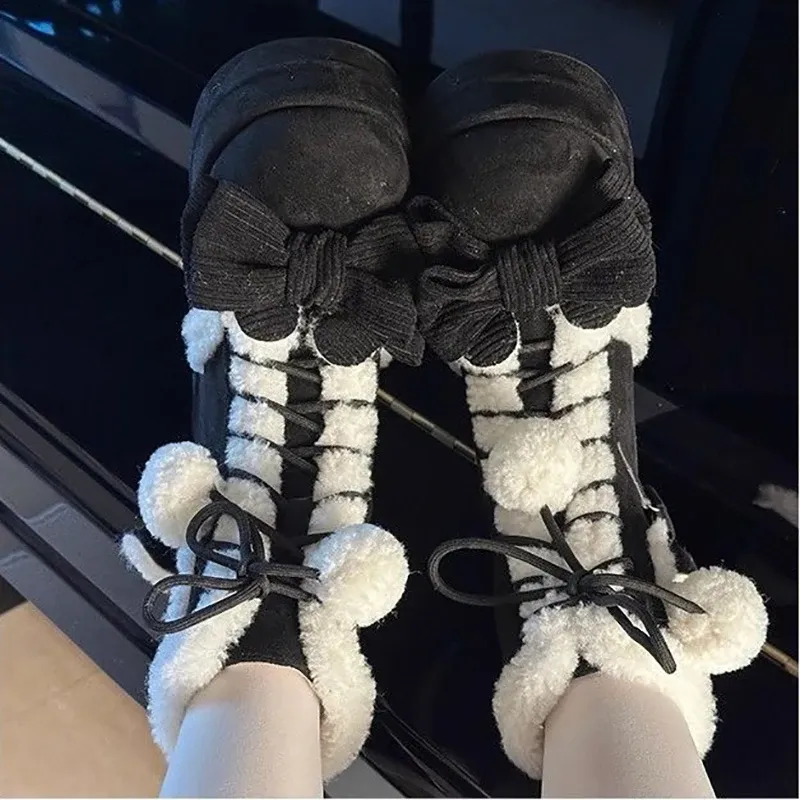 Sweet Winter Girls Lolita Mid-Calf Snow Boots - Cute Female Students Plush Warm Bowknots, Lace-Up Wedge Heel Heightening Shoes