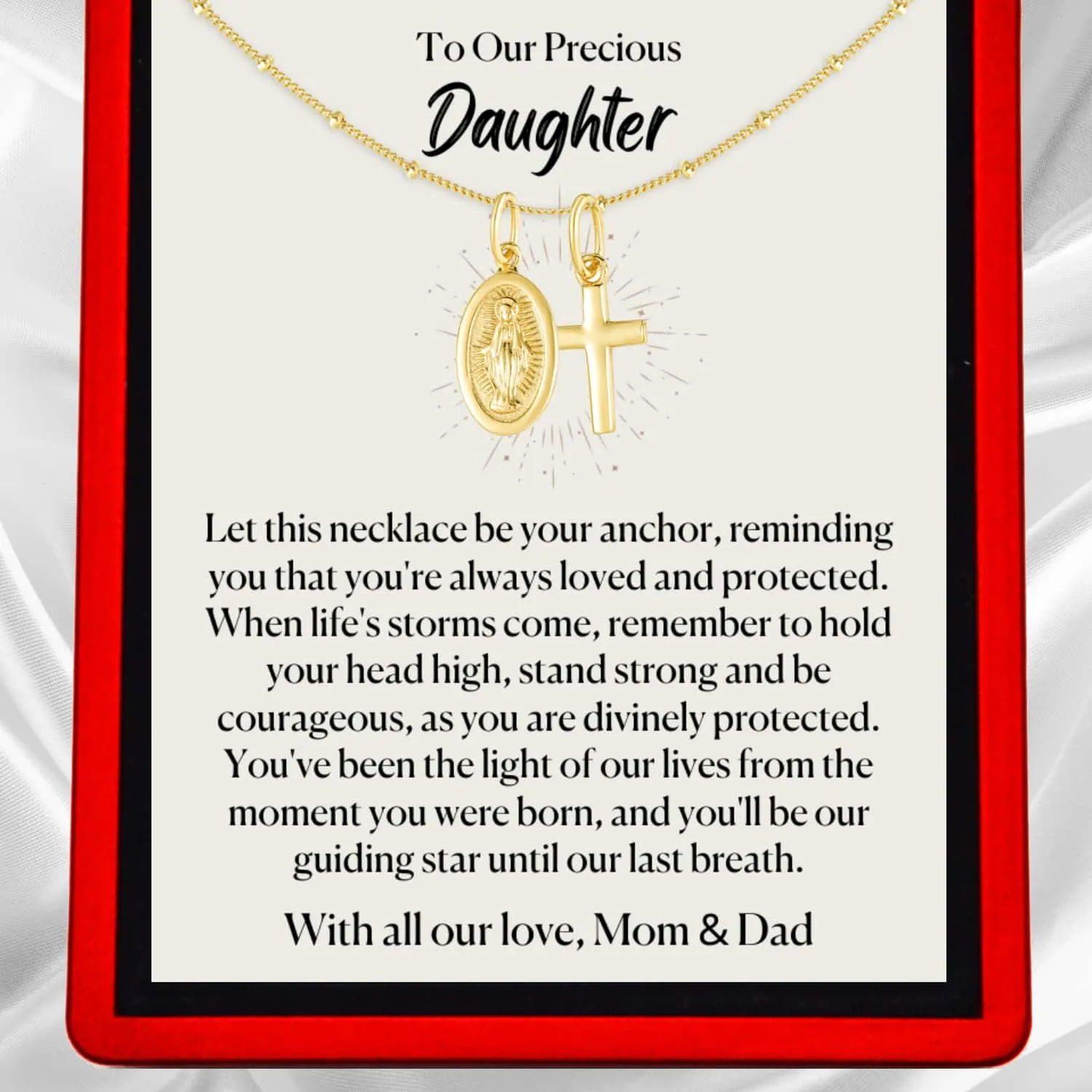 To My Daughter 'divinely protected' Milagro Vermeil Necklace - Virgin Mary and the Cross DT60