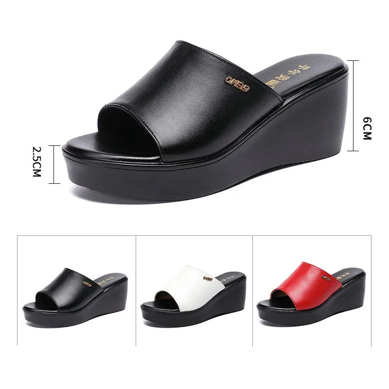 Top Cowhide Slope Heel Slippers Women's Outerwear Fashionable Sandals 2024 Summer Fish Mouth Leather Slipper Black White