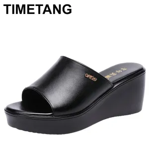 Top Cowhide Slope Heel Slippers Women's Outerwear Fashionable Sandals 2024 Summer Fish Mouth Leather Slipper Black White