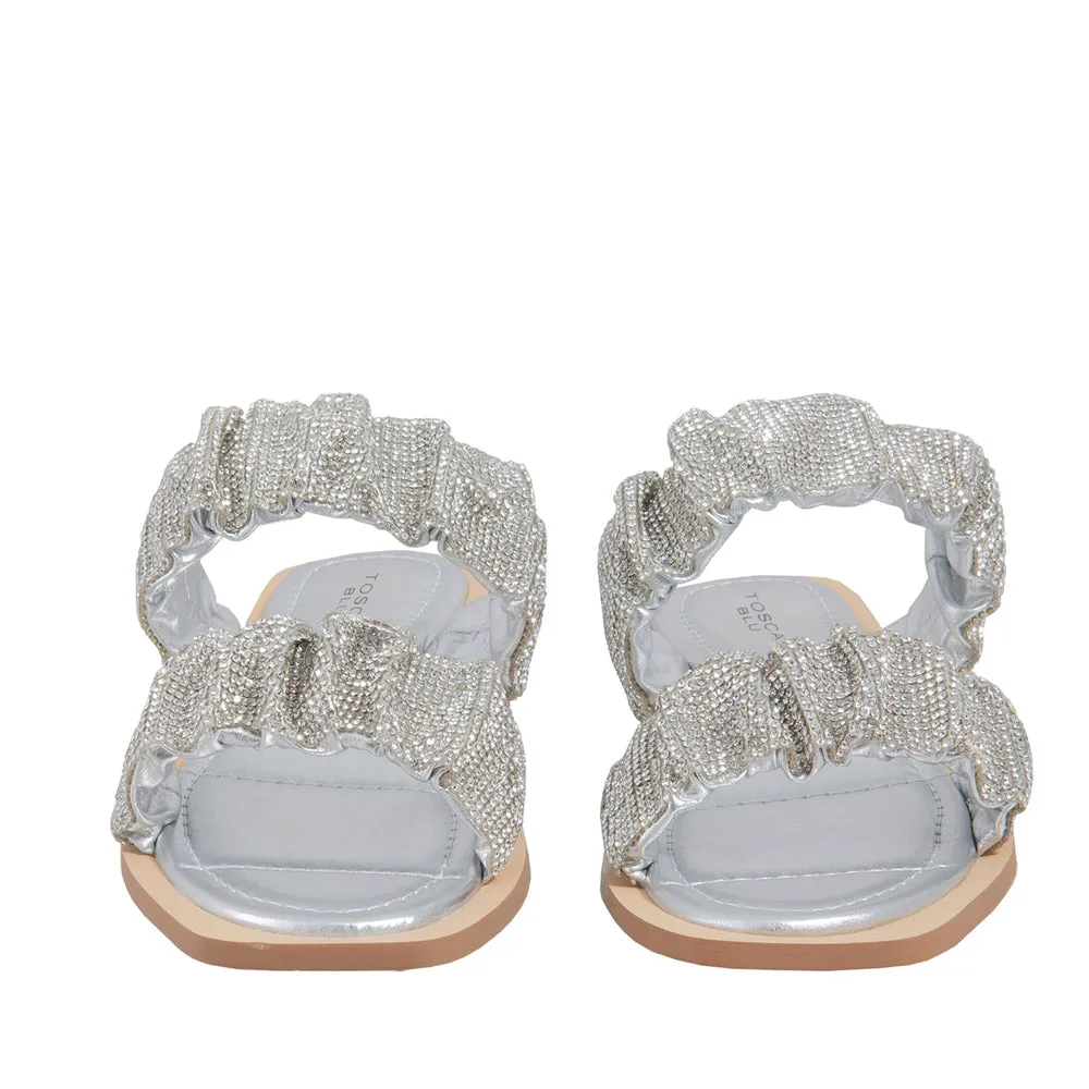 Tosca Blu Sølv strass sandal med to remmer og lav hel