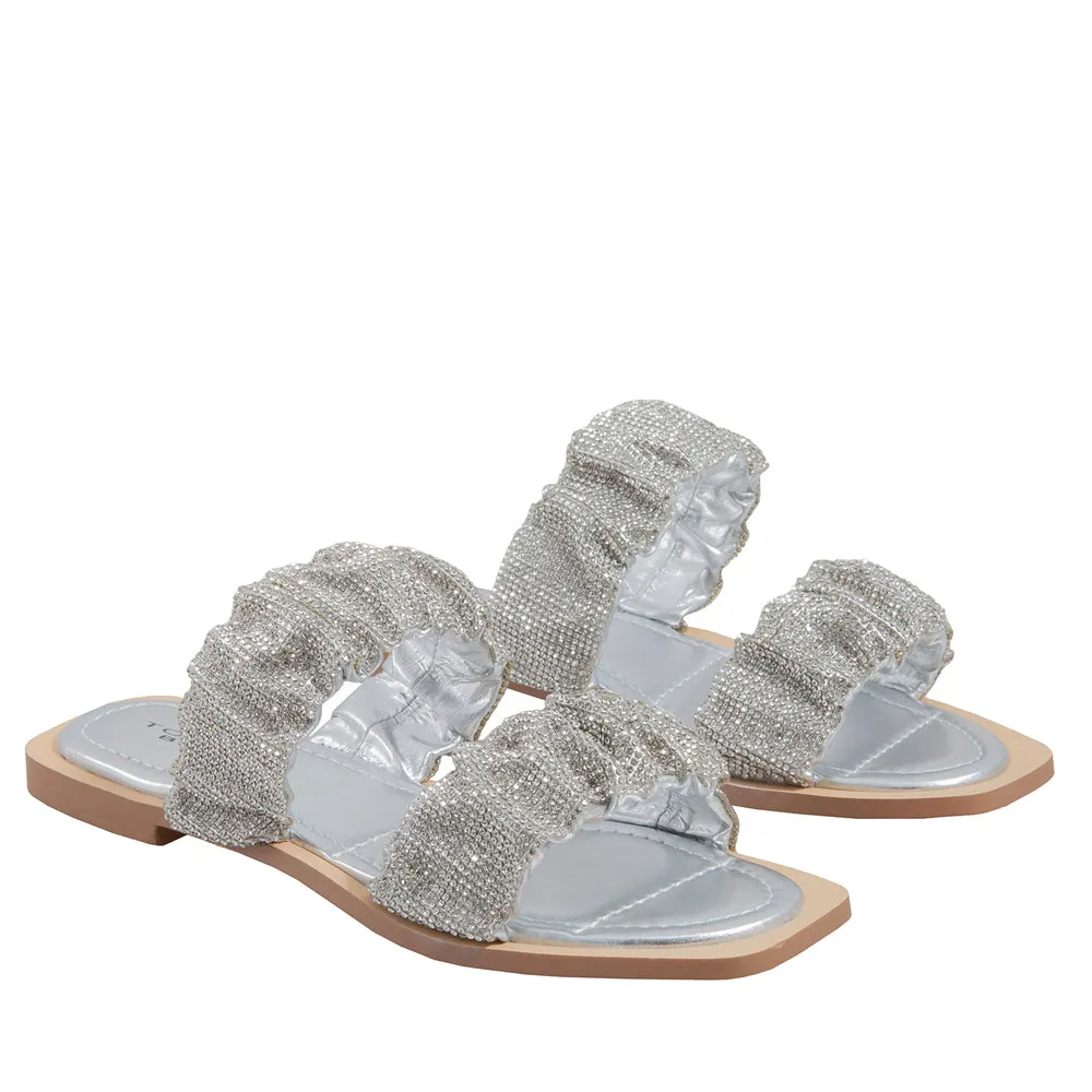 Tosca Blu Sølv strass sandal med to remmer og lav hel