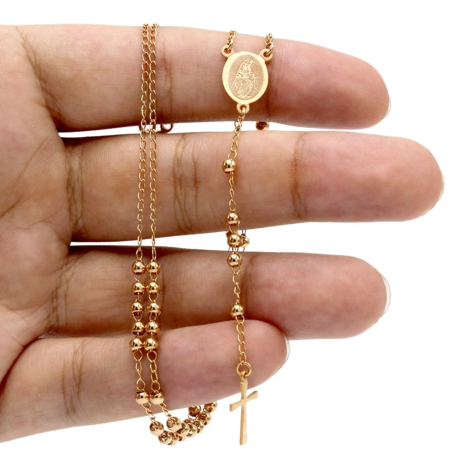 Traditional Rose Gold Rosary Necklace Five Decade Catholic Prayer Beads 3mm