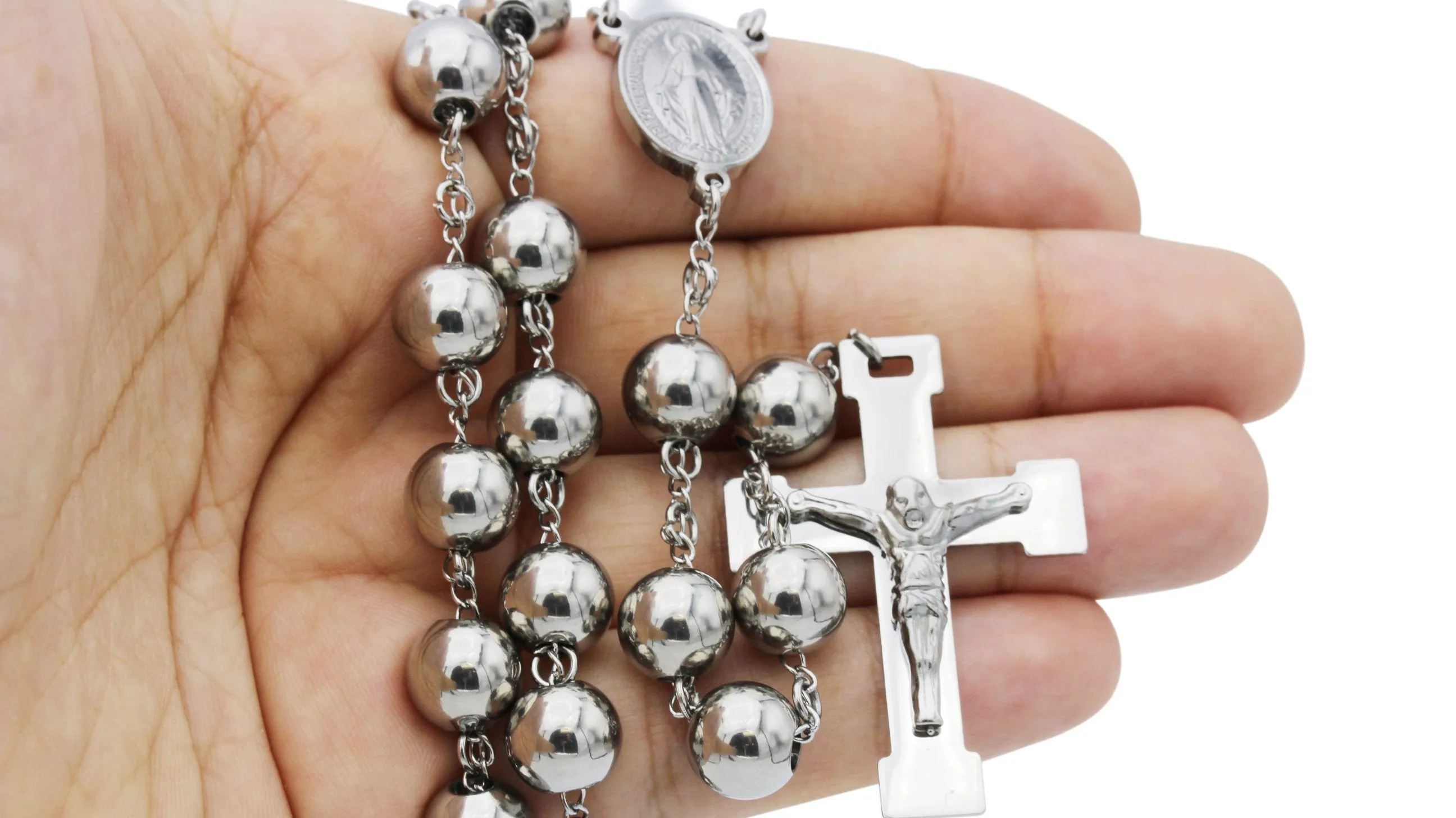 Traditional Silver Rosary Necklace Five Decade Catholic Prayer Beads 10mm