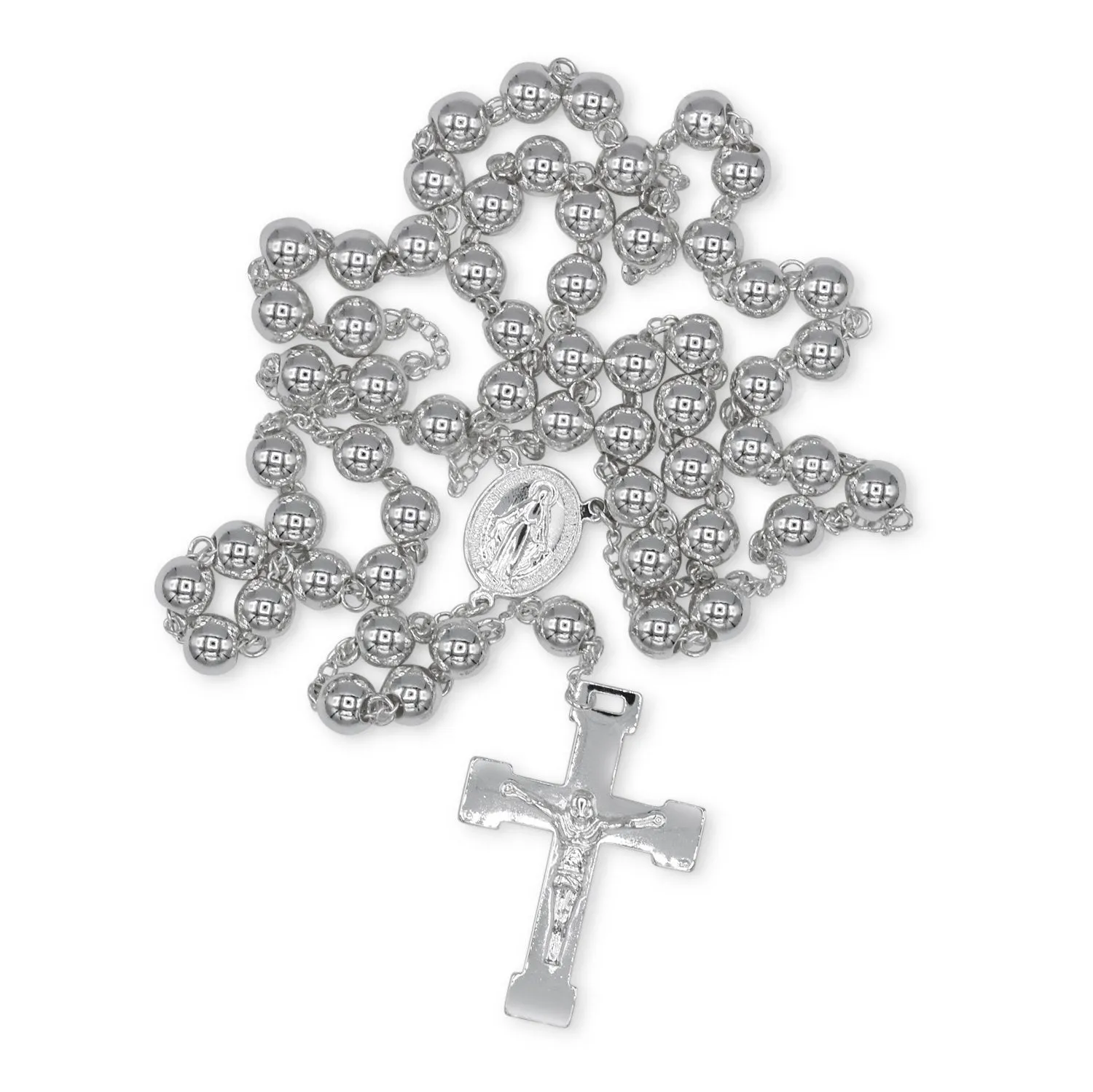 Traditional Silver Rosary Necklace Five Decade Catholic Prayer Beads 10mm