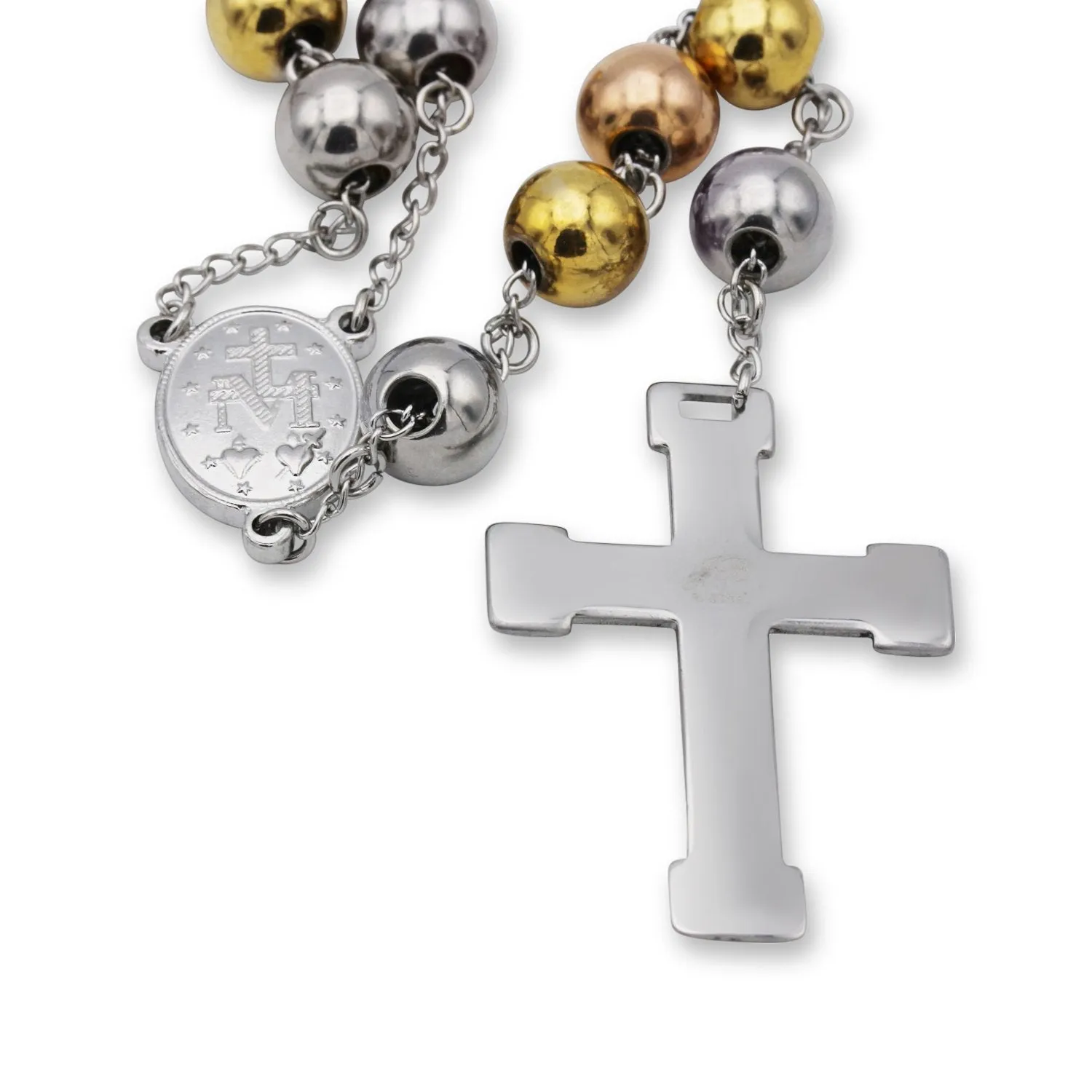 Traditional Tri Tone Rosary Necklace Five Decade Catholic Prayer Beads 10 mm