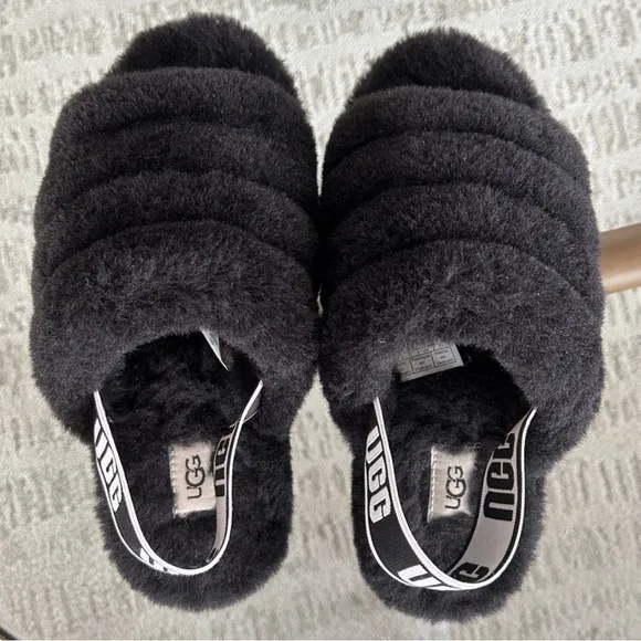UGG Fluff Yeah Black Slingback Slippers 7