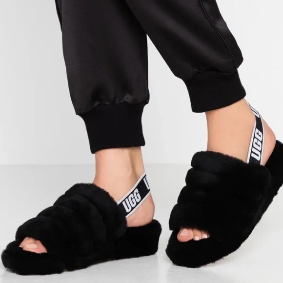 UGG Fluff Yeah Black Slingback Slippers 7