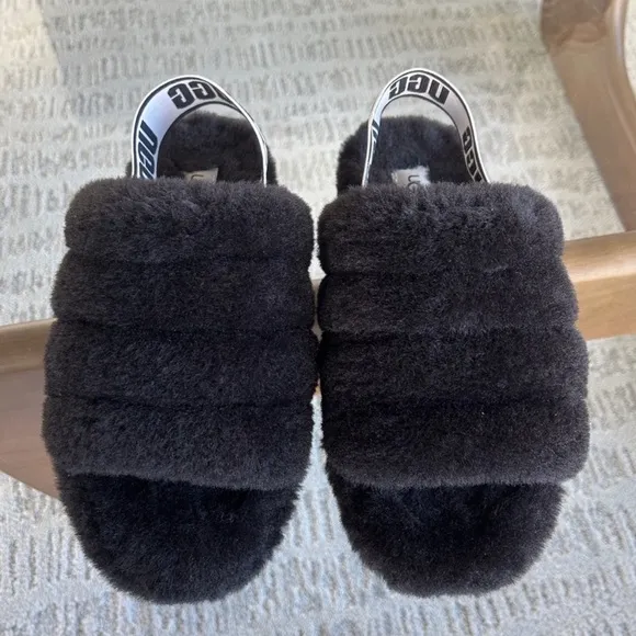 UGG Fluff Yeah Black Slingback Slippers 7