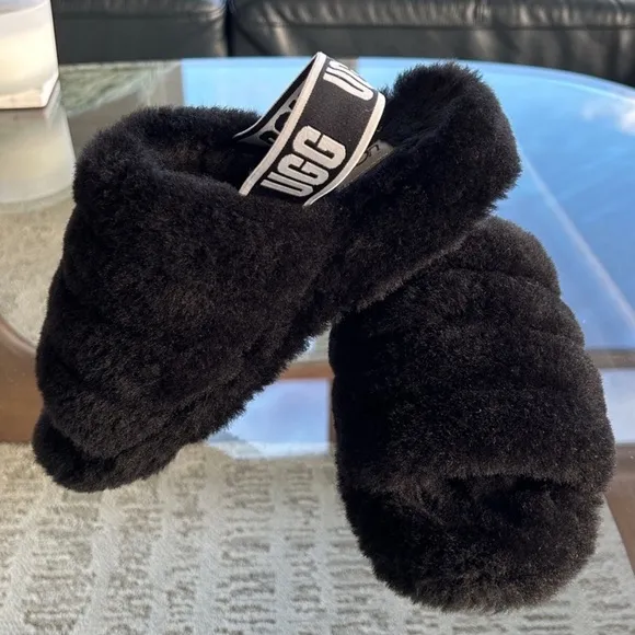 UGG Fluff Yeah Black Slingback Slippers 7