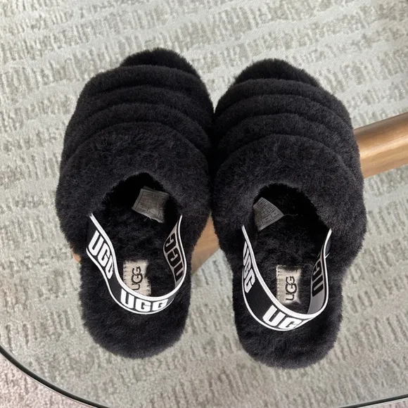 UGG Fluff Yeah Black Slingback Slippers 7