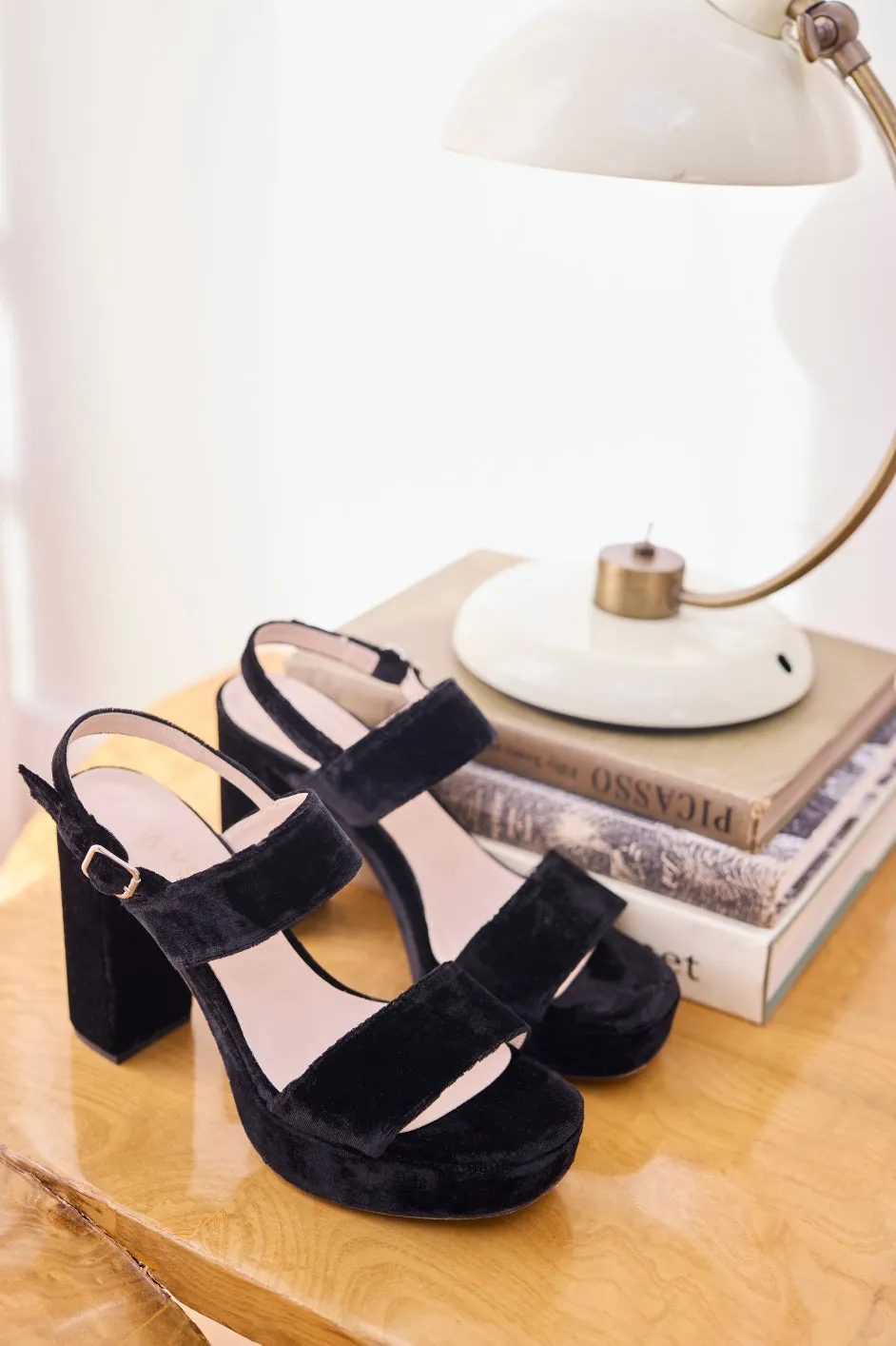 Violet Velvet Block Heel Sandal - Black