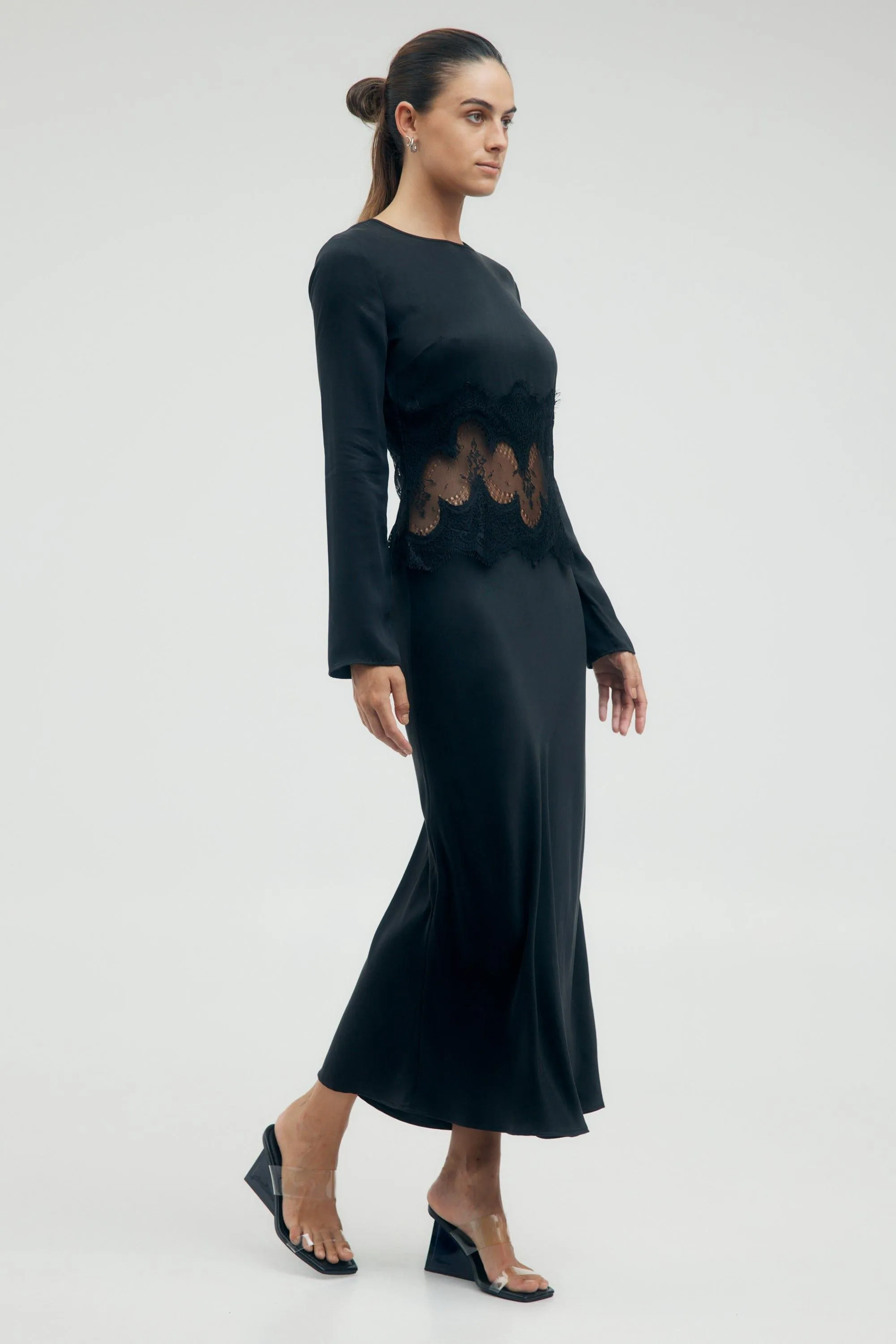 VISIONS LACE TRIM LS MAXI DRESS | EBONY
