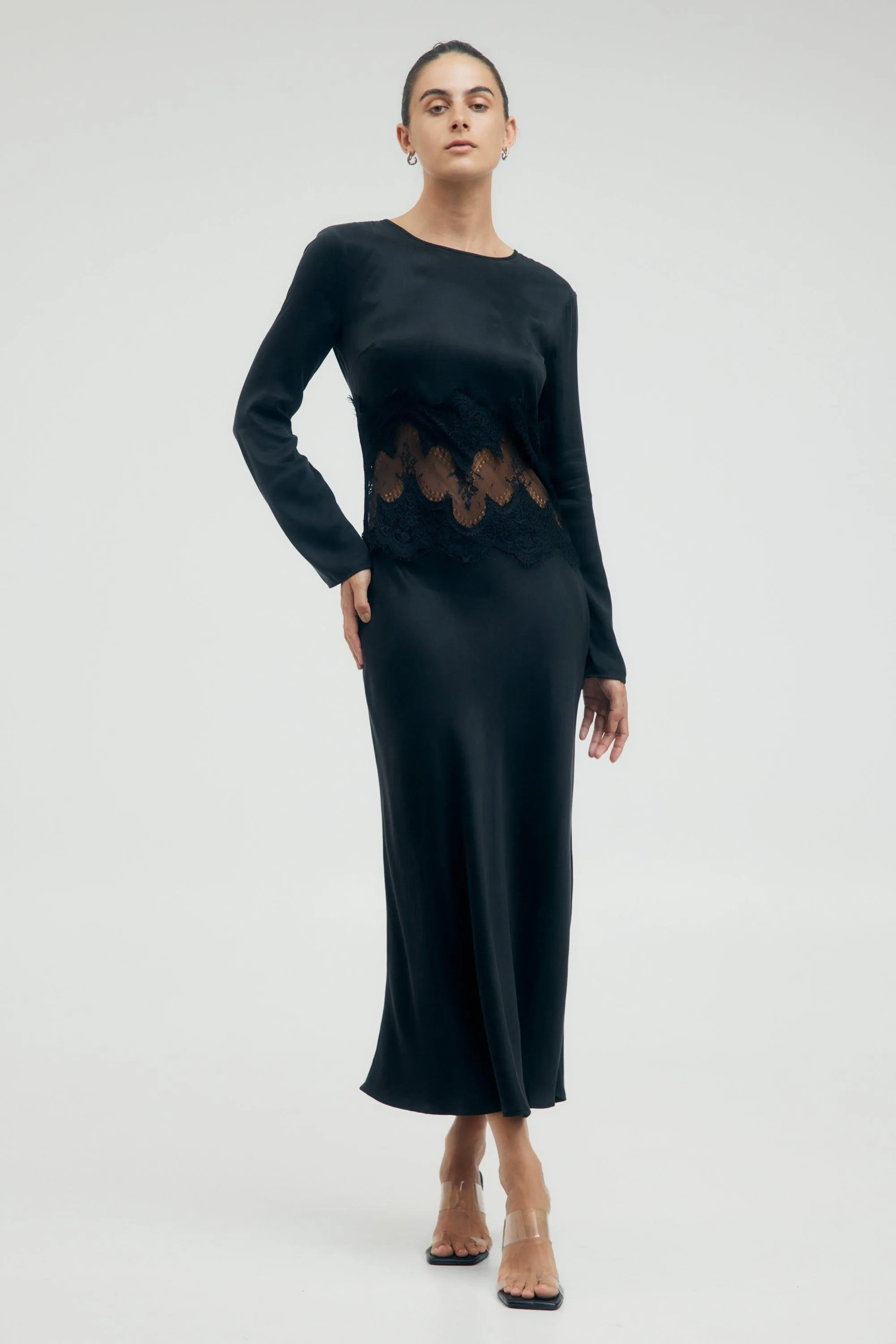 VISIONS LACE TRIM LS MAXI DRESS | EBONY