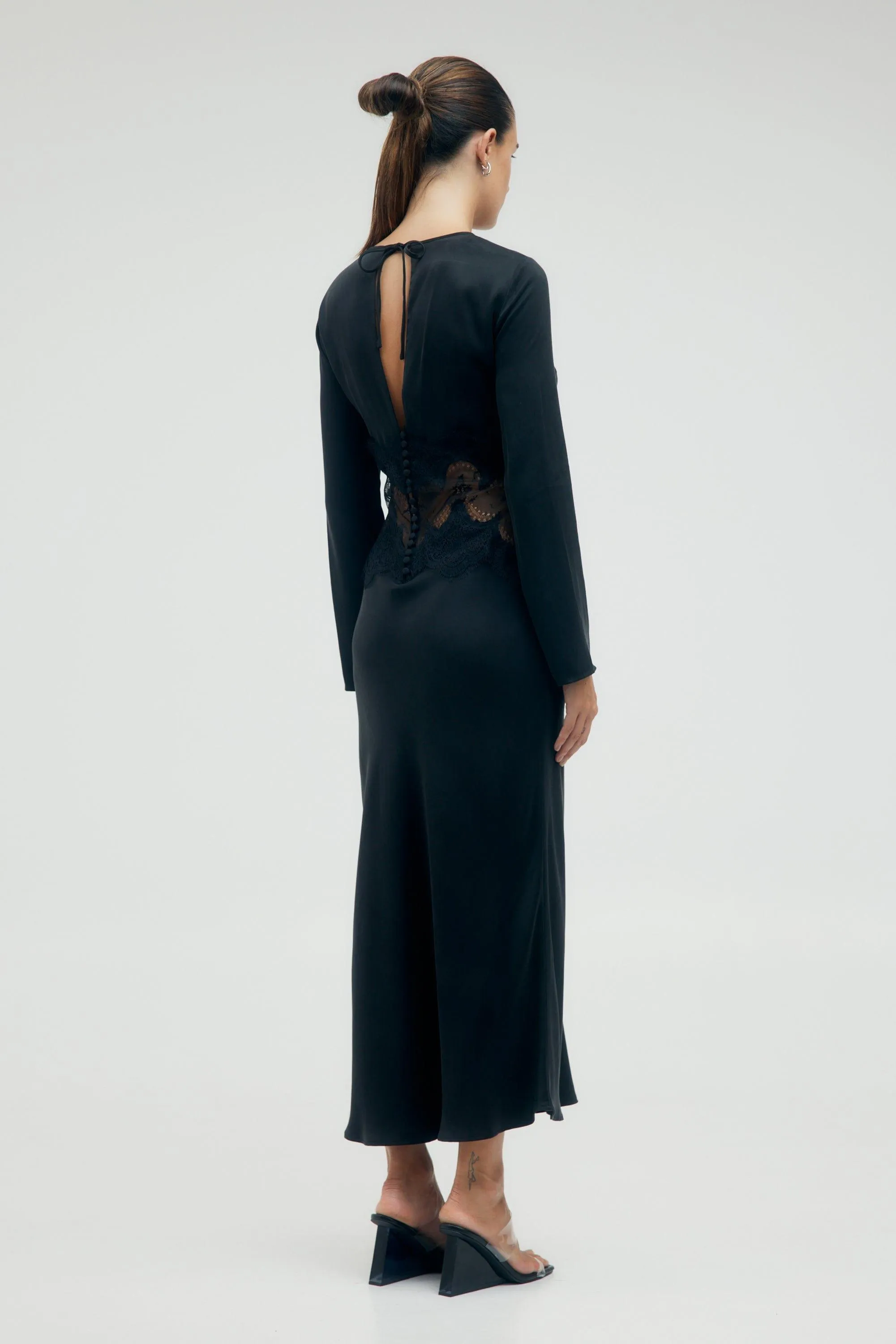 VISIONS LACE TRIM LS MAXI DRESS | EBONY