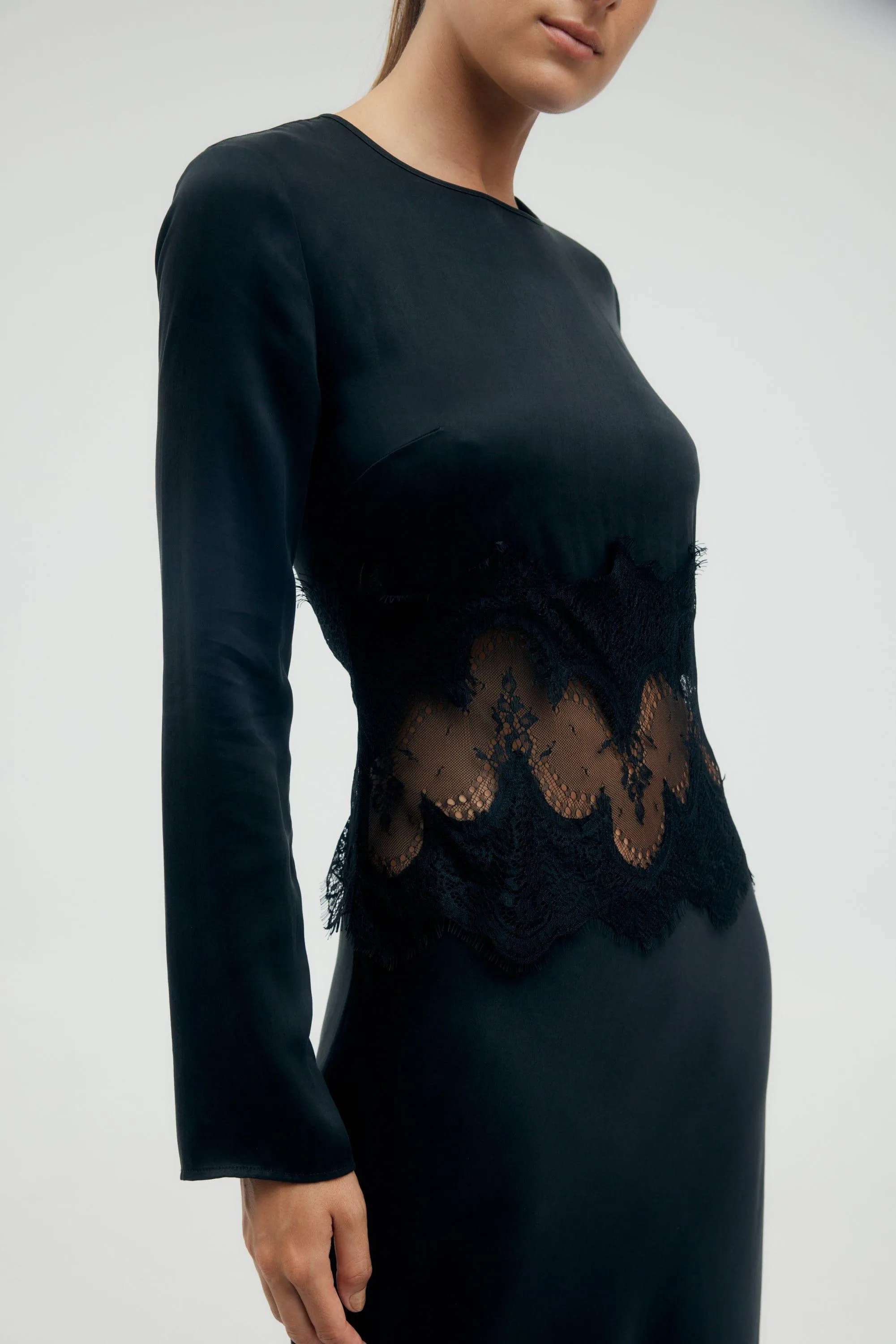 VISIONS LACE TRIM LS MAXI DRESS | EBONY