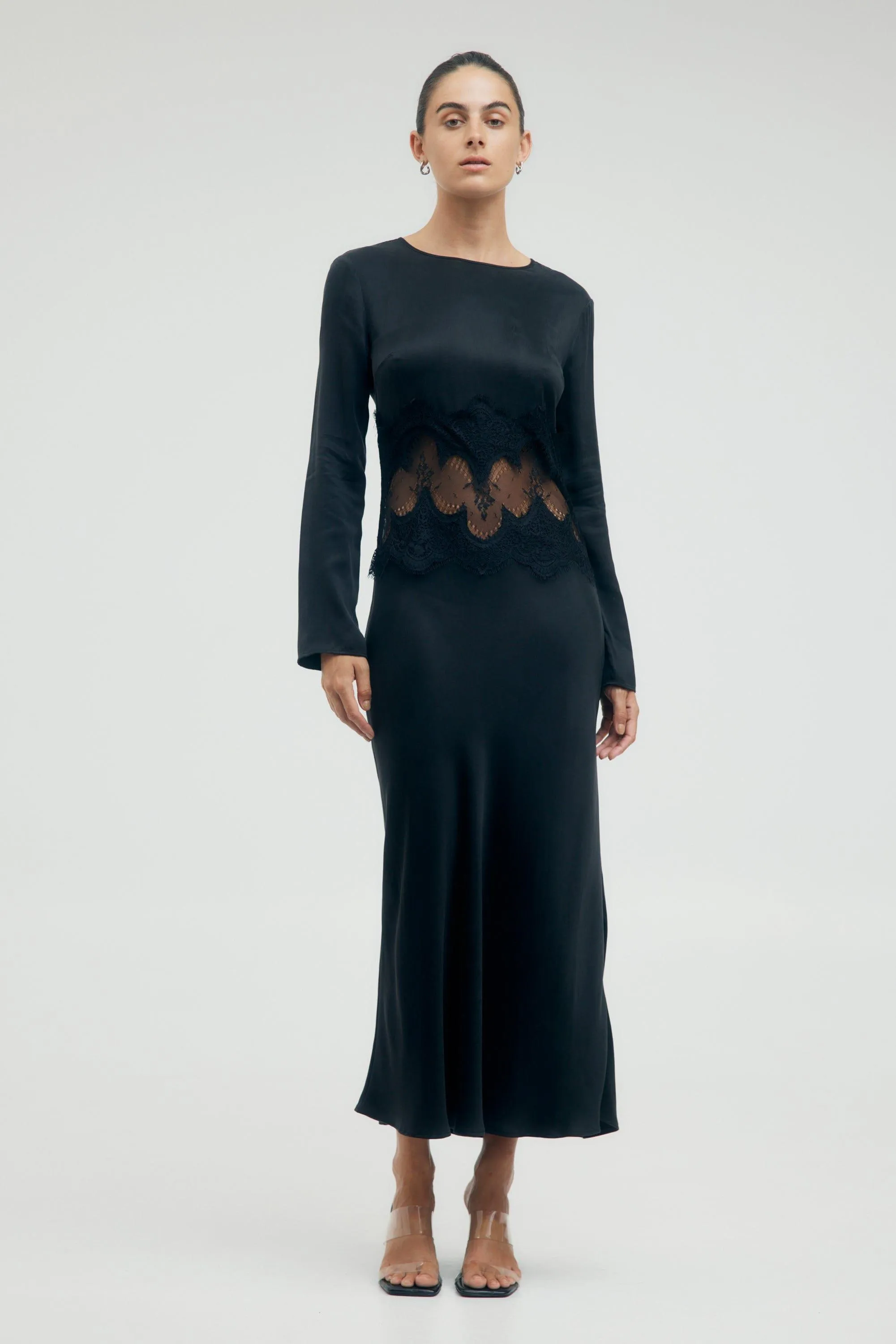 VISIONS LACE TRIM LS MAXI DRESS | EBONY