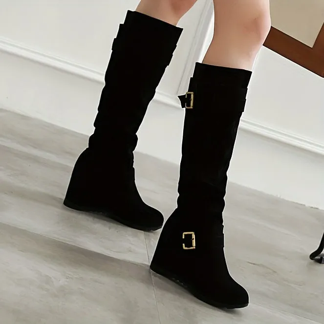VougeVamp Women's Fashionable Wedge Mid-Calf Boots – Stylish Buckle Strap & Slouchy Design