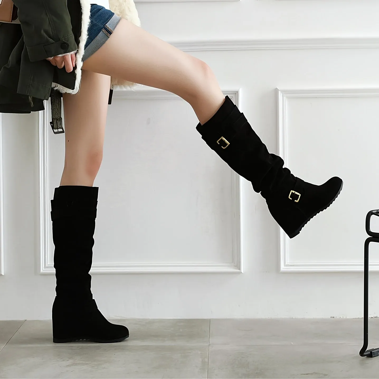 VougeVamp Women's Fashionable Wedge Mid-Calf Boots – Stylish Buckle Strap & Slouchy Design