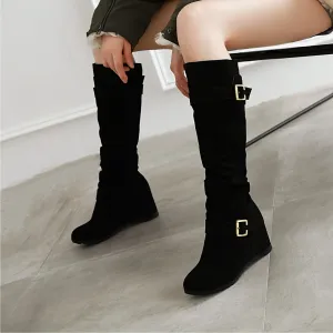 VougeVamp Women's Fashionable Wedge Mid-Calf Boots – Stylish Buckle Strap & Slouchy Design