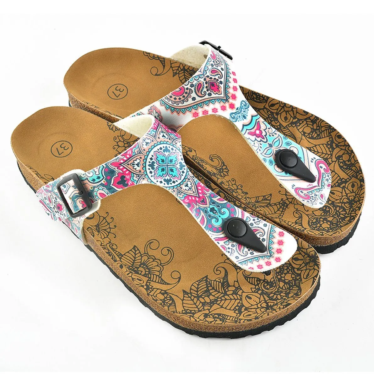 White, Blue, Pink Flowers Medallion Patterned Sandal - CAL504