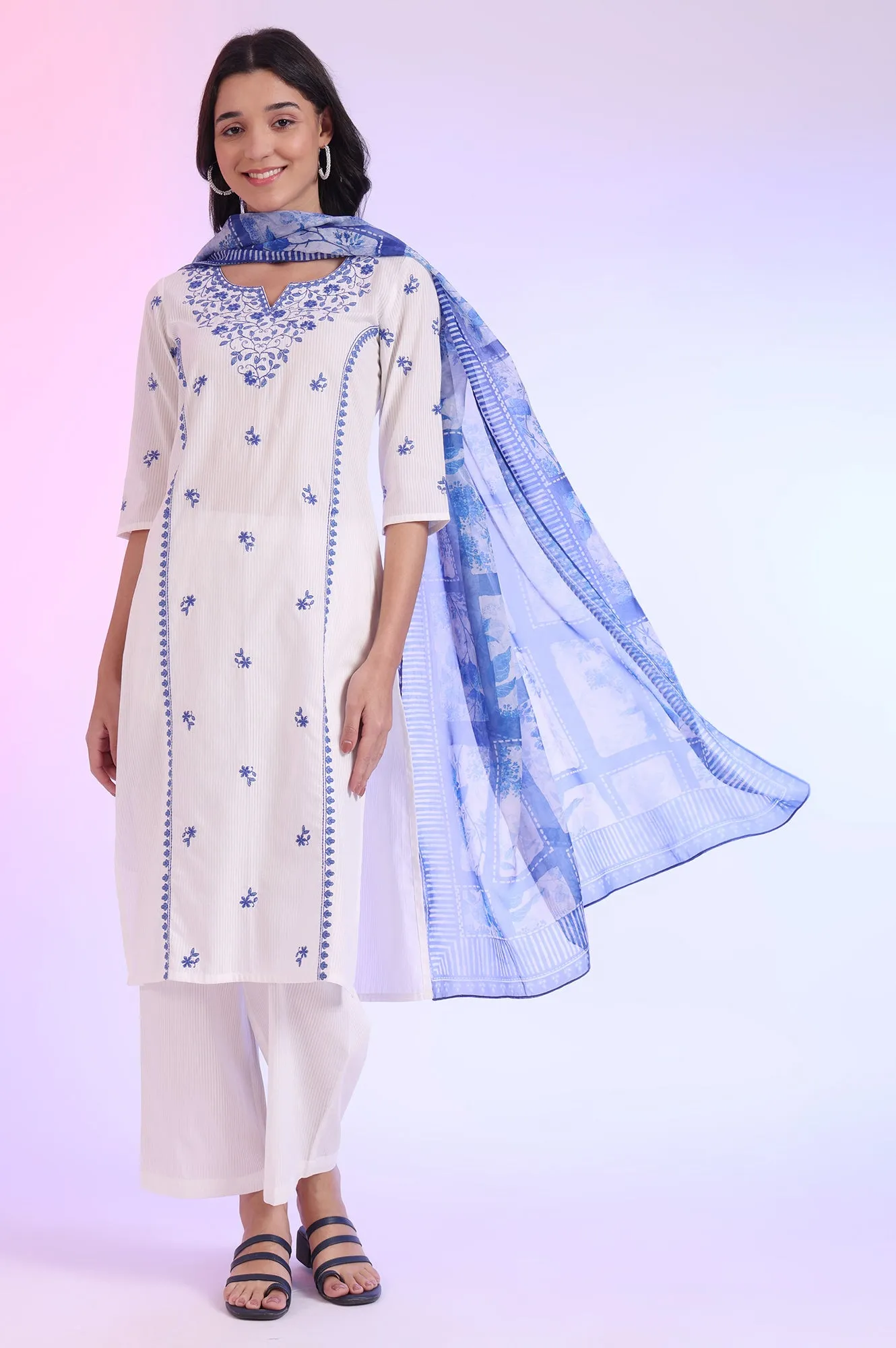 White Embroidered Pure Cotton Straight Kurta with Palazzos & Dupatta Set