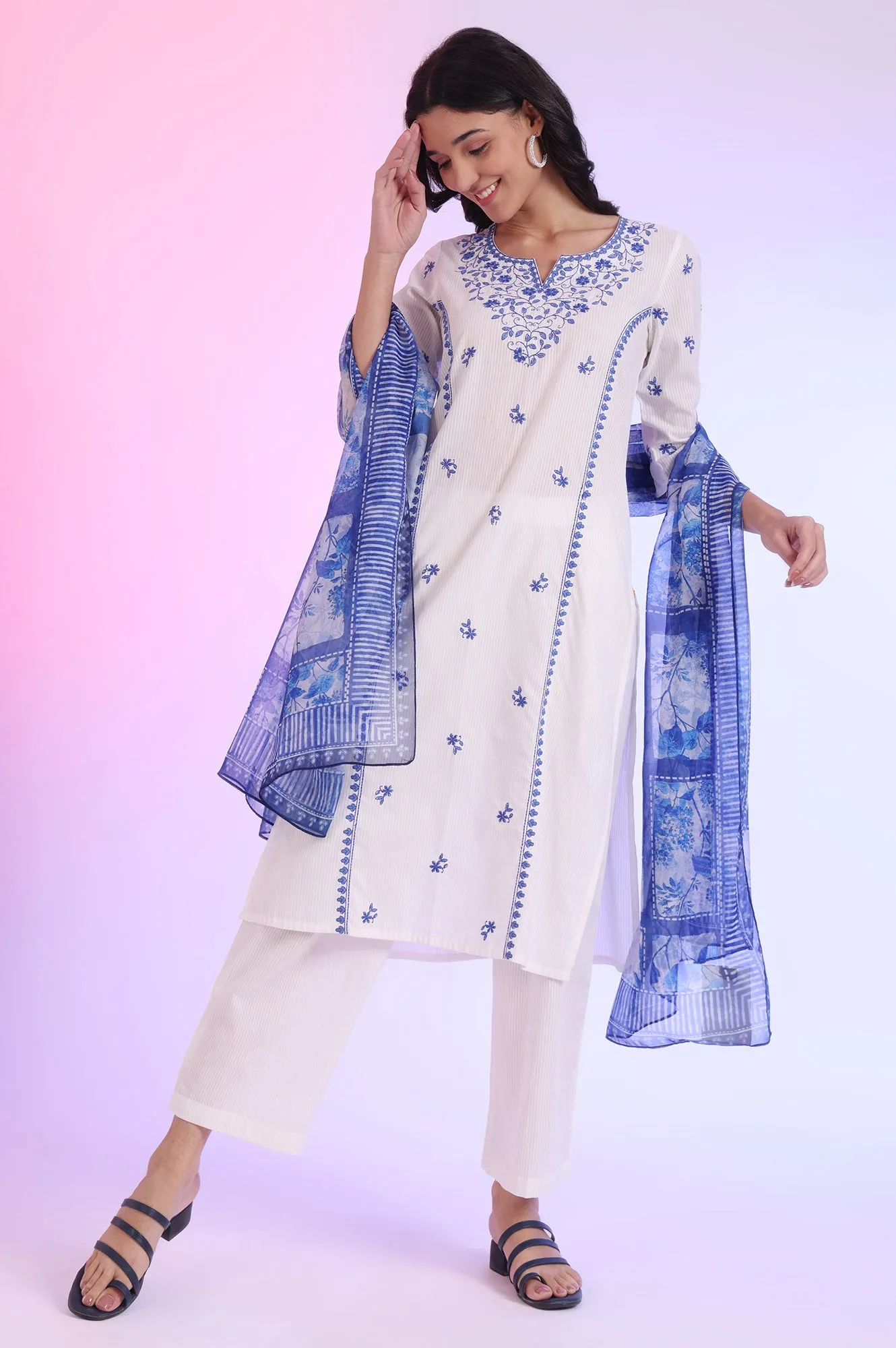 White Embroidered Pure Cotton Straight Kurta with Palazzos & Dupatta Set