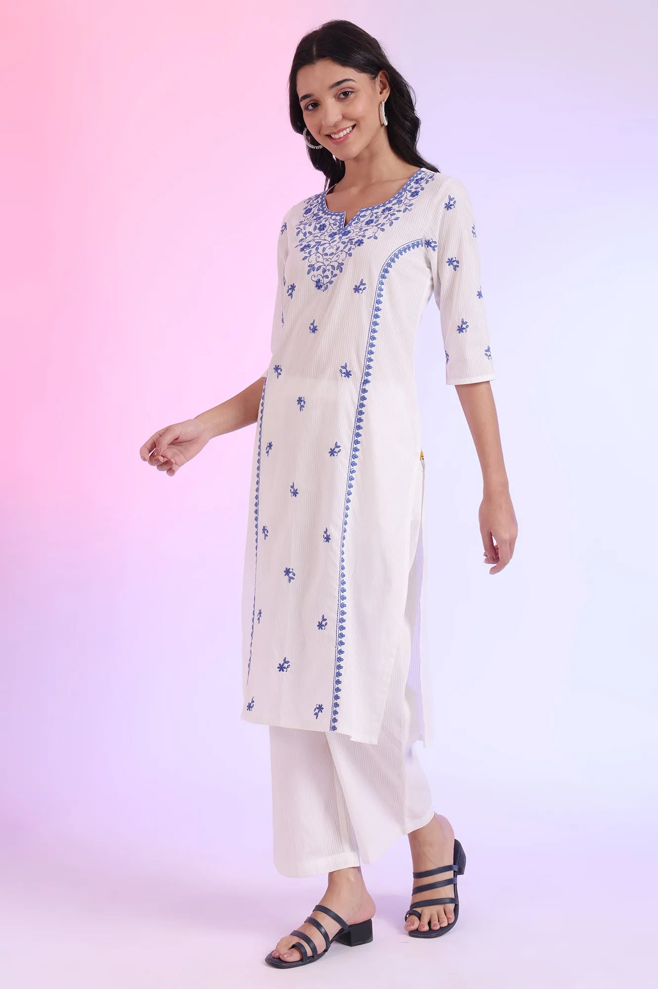 White Embroidered Pure Cotton Straight Kurta with Palazzos & Dupatta Set