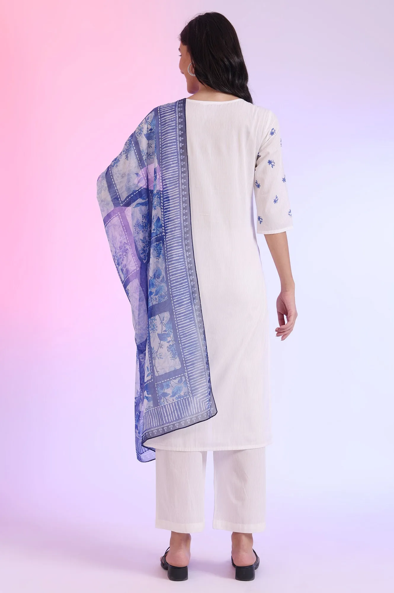 White Embroidered Pure Cotton Straight Kurta with Palazzos & Dupatta Set