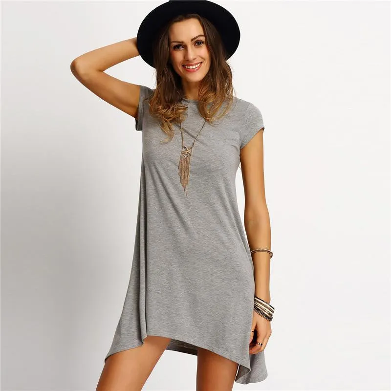 Womens Summer Dresses Ladies Grey Asymmetric Hem Casual Round Neck Short Sleeve Shift Tees Dress