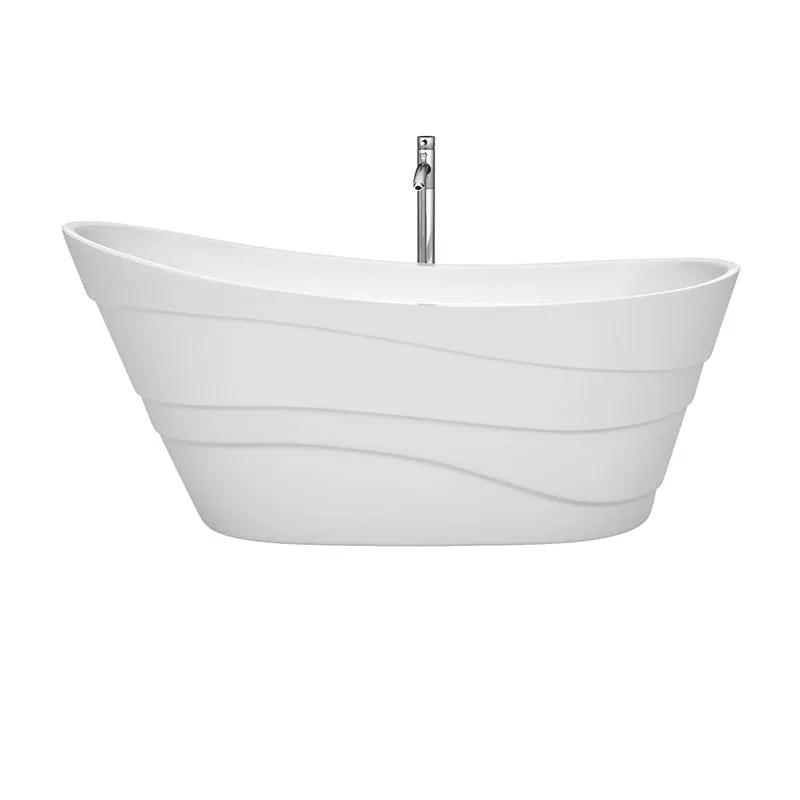 Wyndham Collection Kari 67 inch Soaking Bathtub in White with Polished Chrome Trim, and Polished Chrome Floor Mounted Faucet